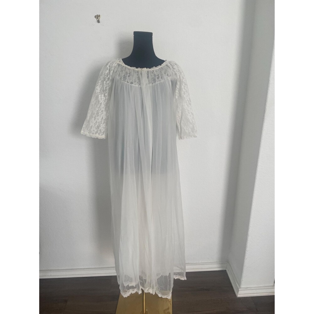 Ivory Peignoir Piece Set Chiffon Negligee Sheer Lace Made in USA Small 1970s SM